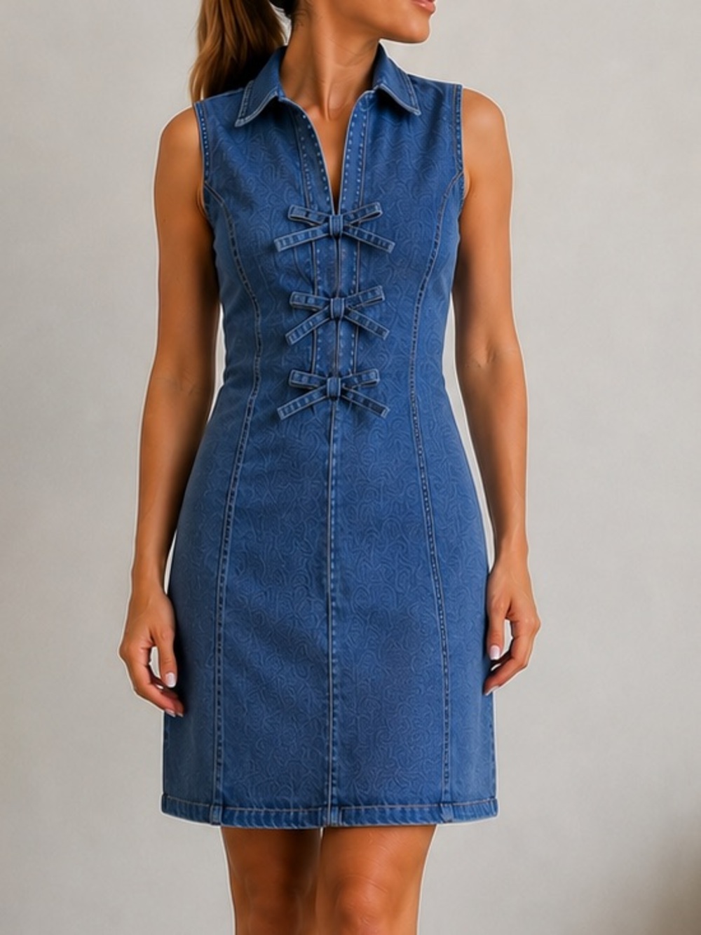 Denim Mini Dress Large NWT Bow Tie Sleeveless Collared Blue Western